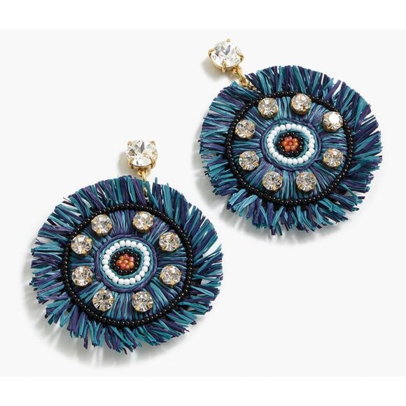 J. Crew Raffia Fringe Disc Earrings in Blue Green- NWT - Picture 2 of 6